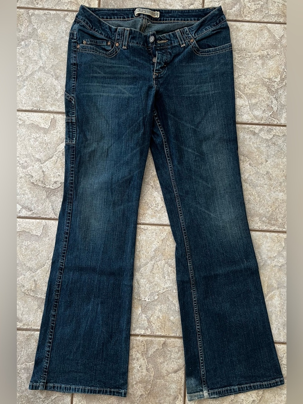 Express Low Rise Flare Jeans‎ Dark Wash Button Fly Carpenter Loop Blue 14R